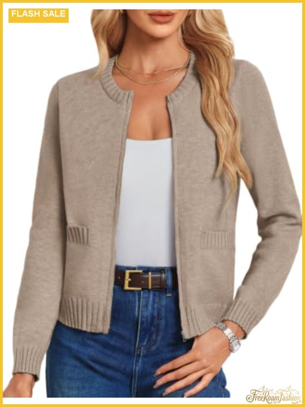 Ribbed Knit Cropped Zip Up Cardigan Sweater Slim Fit Crew Neck